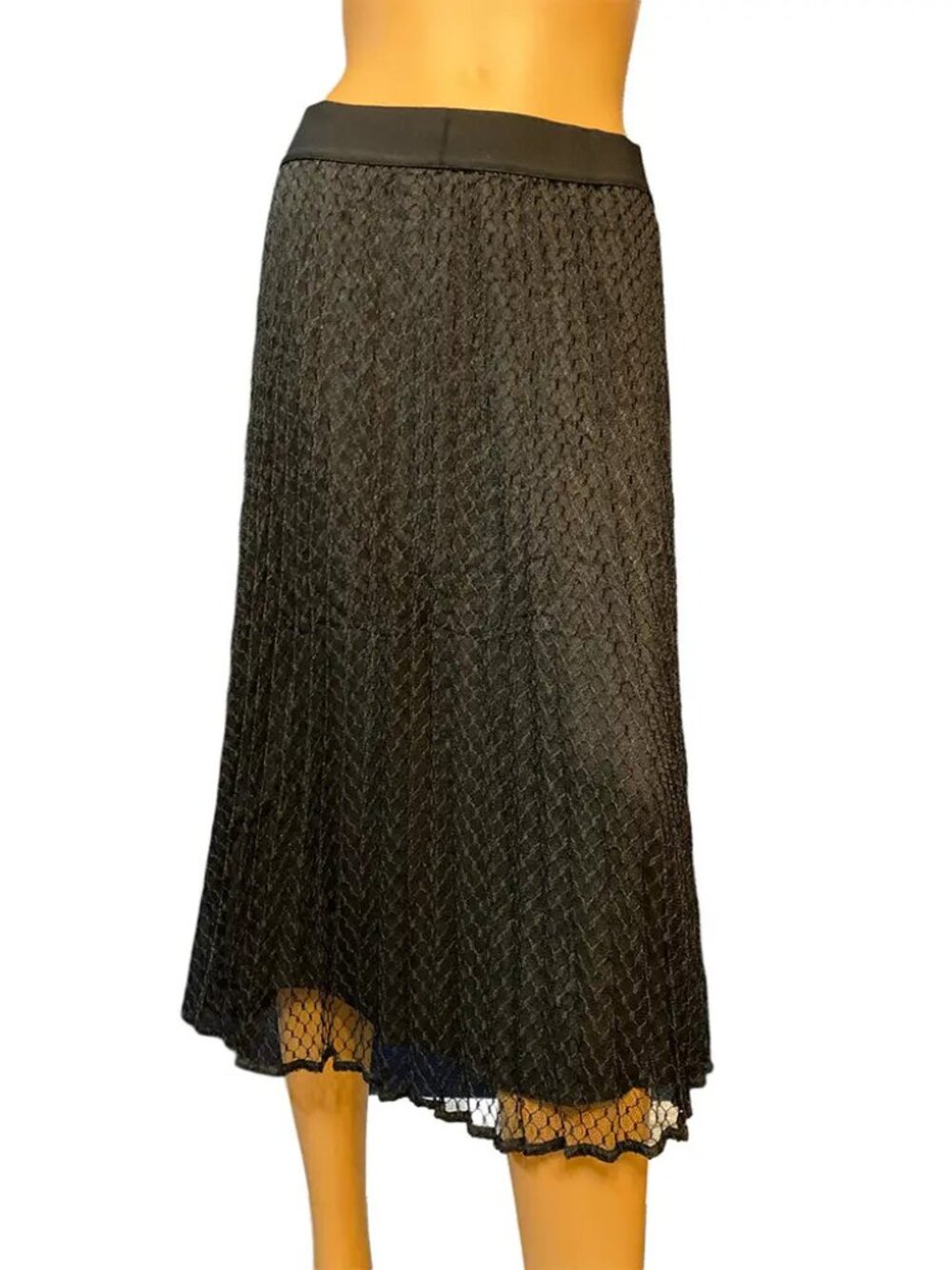 DKNY Pleated Mesh Overlay Midi Skirt Black Pull-On Size S